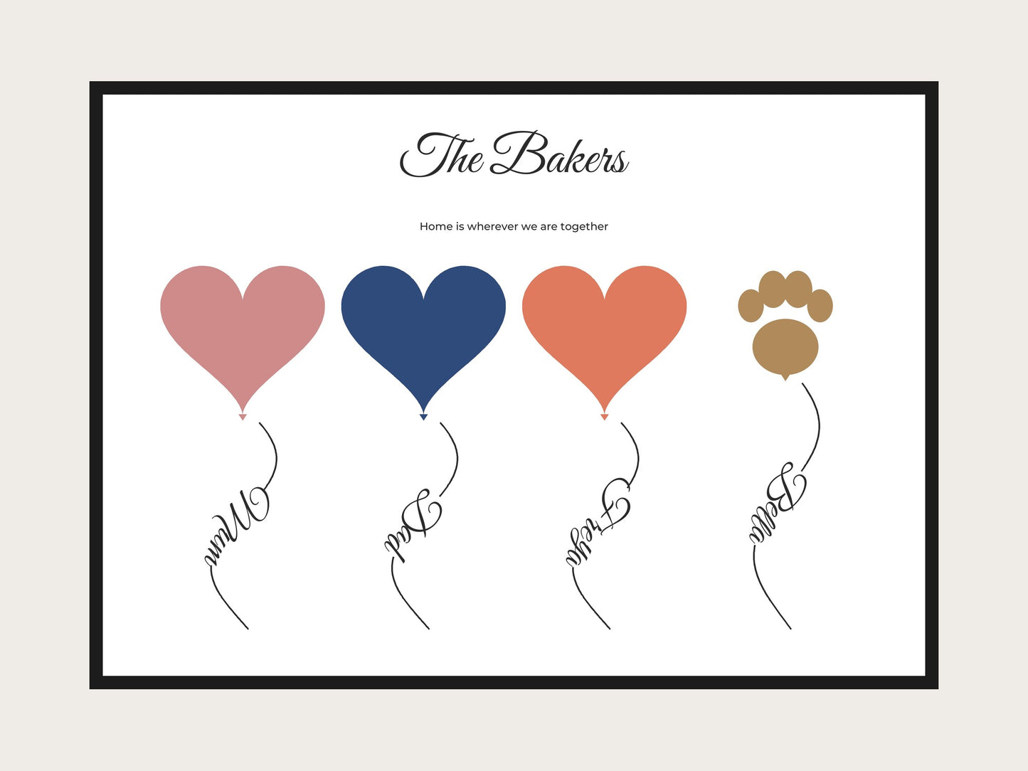 Personalised Family Balloon Print | Custom Heart & Paw Names Wall Art | Family Gift