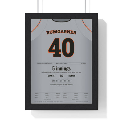 Madison Bumgarner 2014 World Series Game 7 Save Poster - San Francisco Giants 40 Jersey Print framed in a black frame, ready to hang