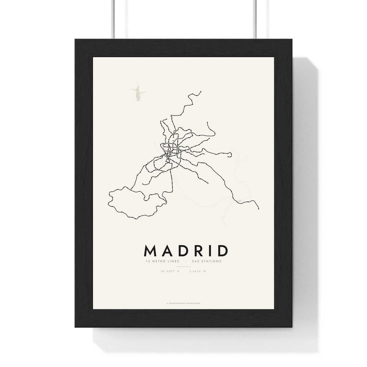 Madrid Metro Map Print - framed minimal Madrid metro lines map print, black lines on cream paper