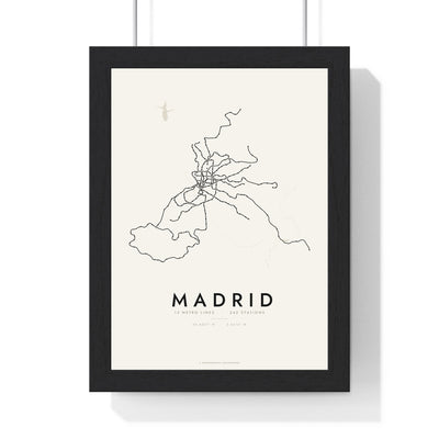 Madrid Metro Map Print - framed minimal Madrid metro lines map print, black lines on cream paper