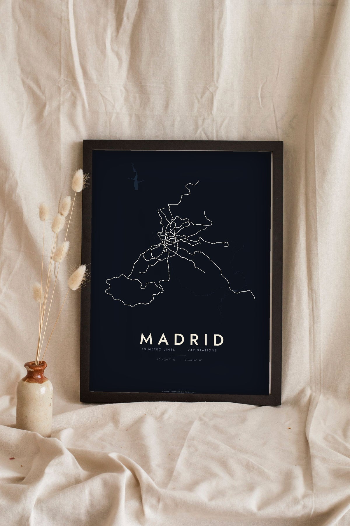Madrid Metro Map Print - night style Madrid metro map print, light lines on a dark ground