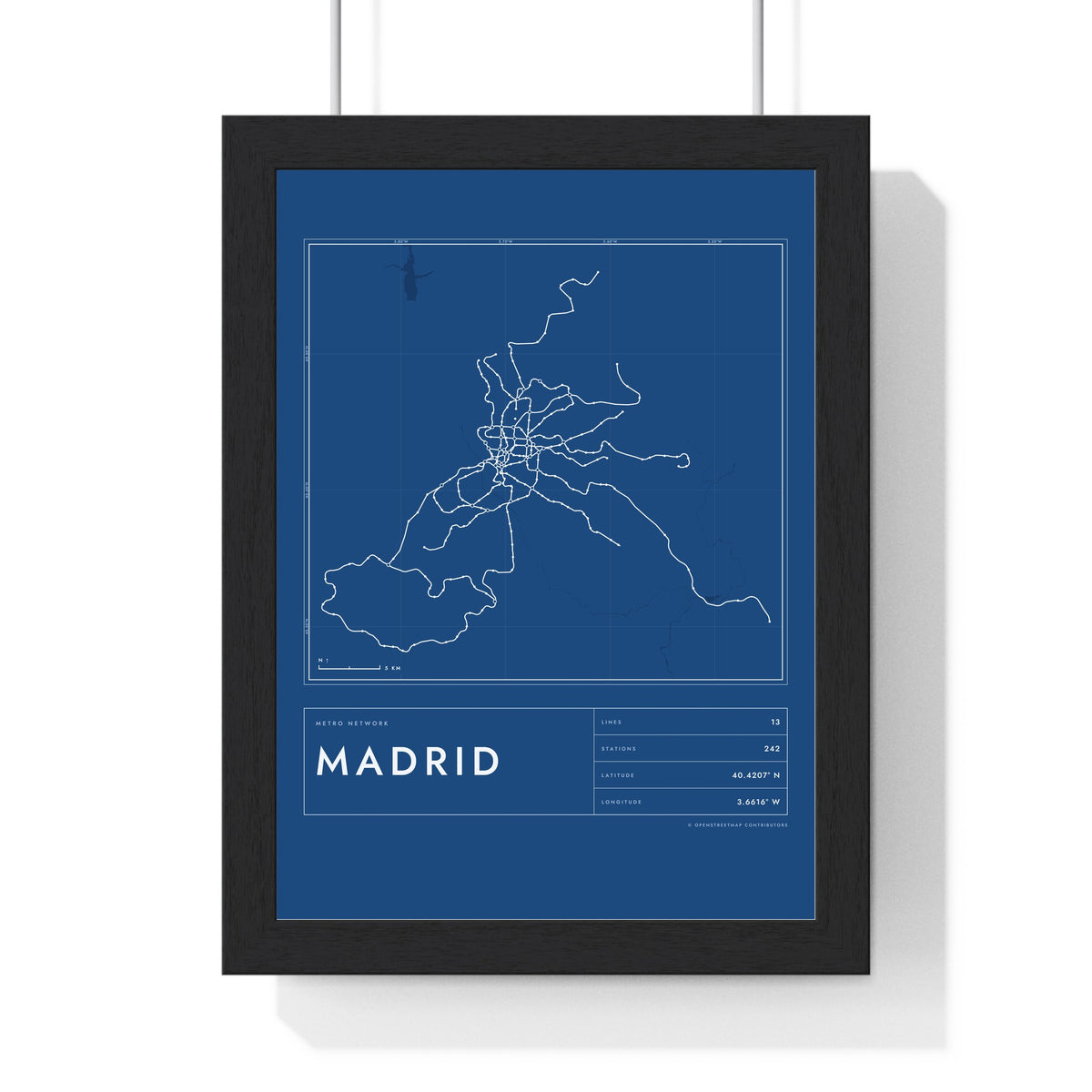 Madrid Metro Map Print - framed blueprint style Madrid metro map print with grid and scale bar