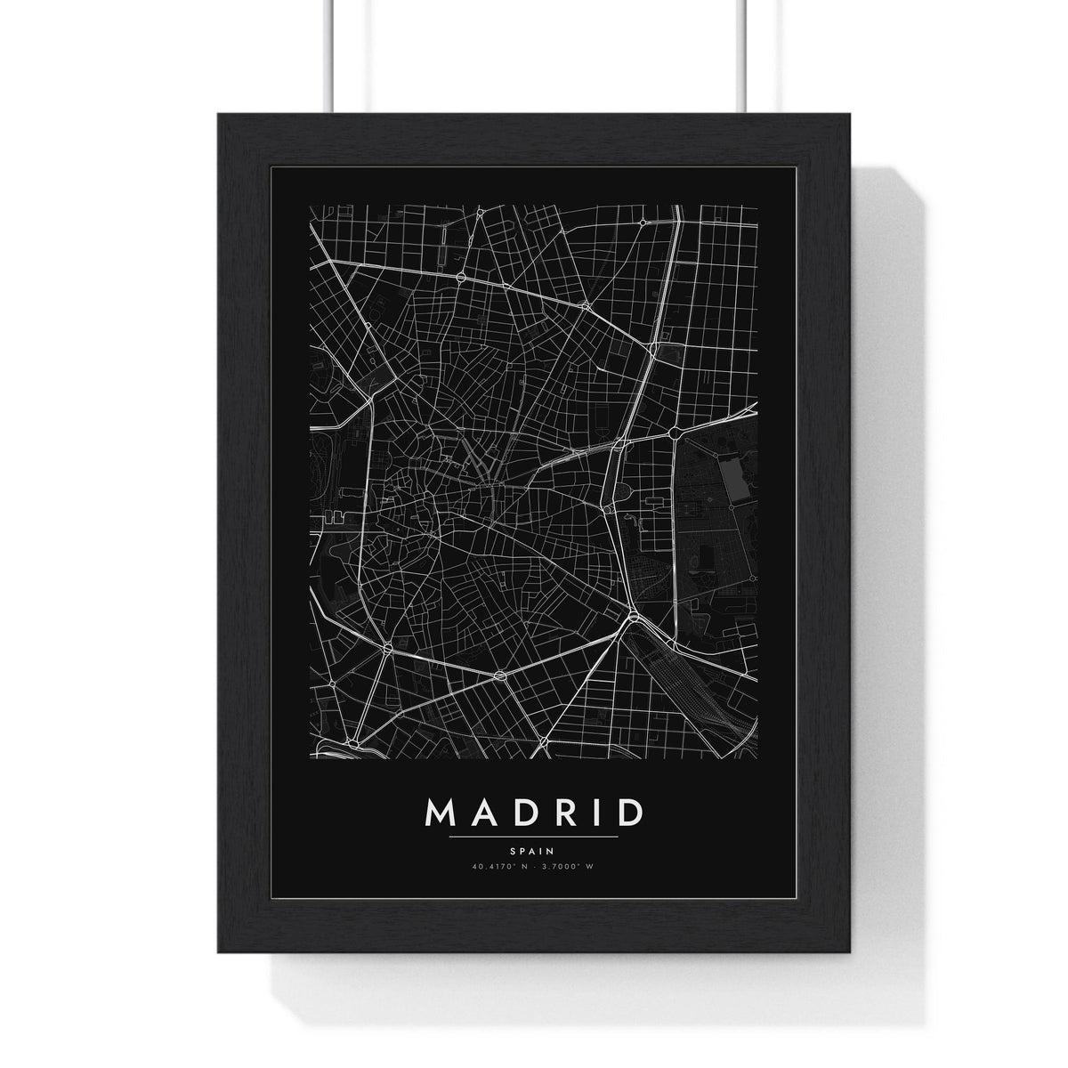 Madrid street map poster in black, minimal city map print framed in a black frame