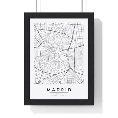 Madrid street map poster in white, minimal city map print framed in a black frame