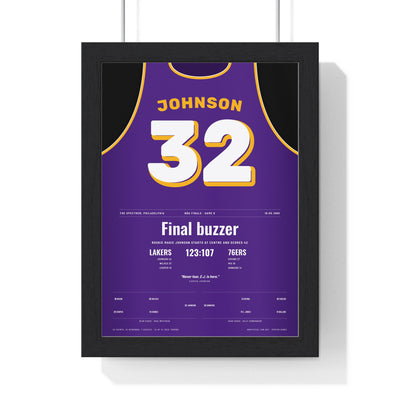 Magic Johnson 1980 NBA Finals Game 6 Poster - Los Angeles Lakers 32 Rookie 42 Points Jersey Print framed in a black frame, ready to hang