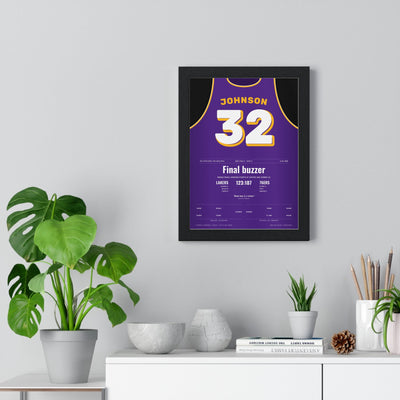Magic Johnson 1980 NBA Finals Game 6 Poster - Los Angeles Lakers 32 Rookie 42 Points Jersey Print framed on a living room wall