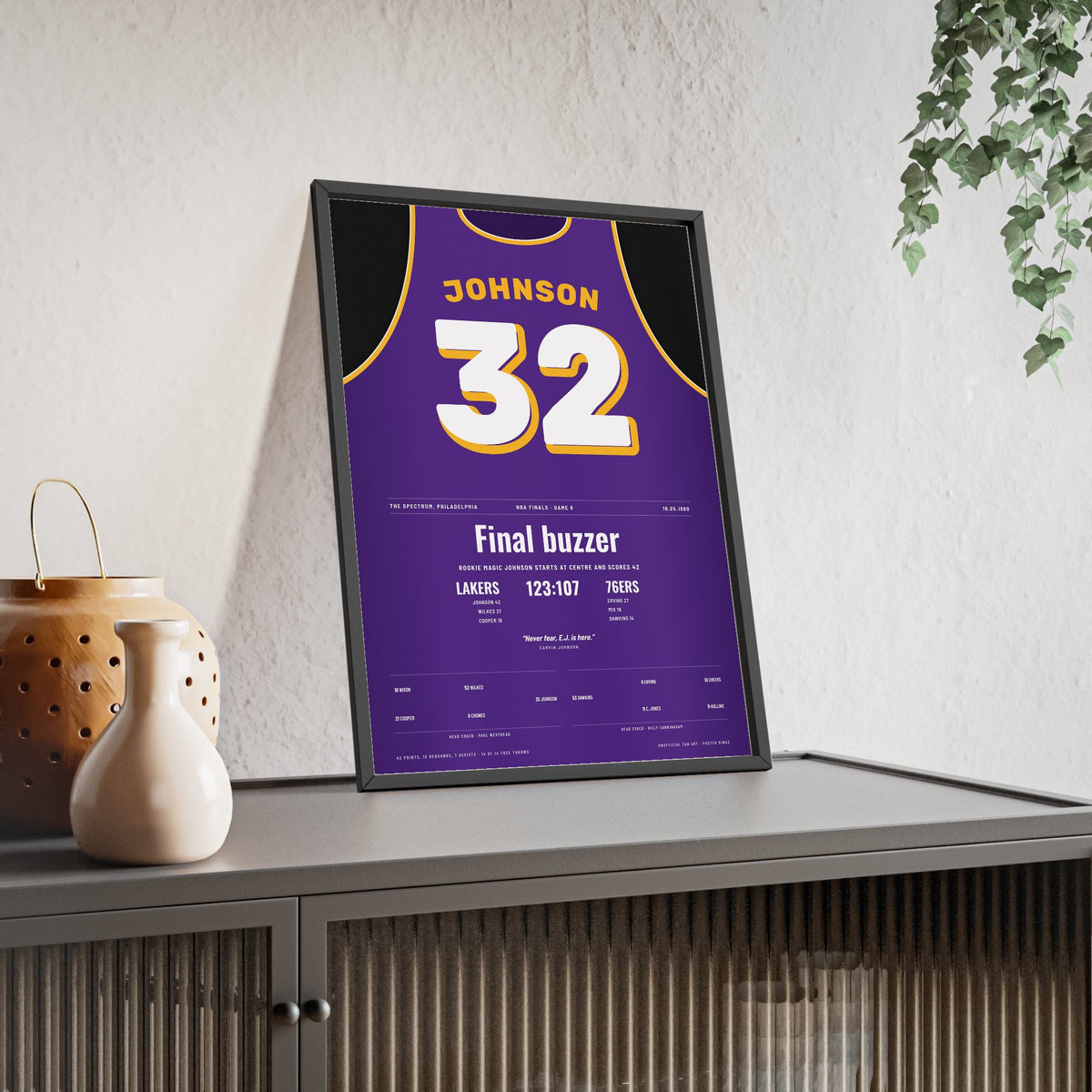 Magic Johnson 1980 NBA Finals Game 6 Poster - Los Angeles Lakers 32 Rookie 42 Points Jersey Print framed and leaning on a sideboard
