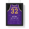 Magic Johnson 1987 NBA Finals Game 4 Poster - Los Angeles Lakers 32 Junior Sky Hook Jersey Print framed in a black frame, ready to hang
