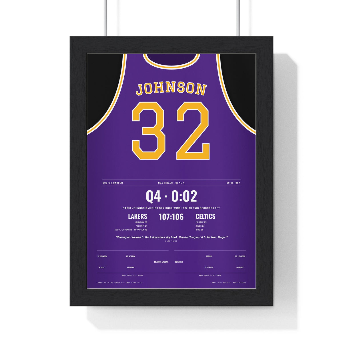 Magic Johnson 1987 NBA Finals Game 4 Poster - Los Angeles Lakers 32 Junior Sky Hook Jersey Print framed in a black frame, ready to hang