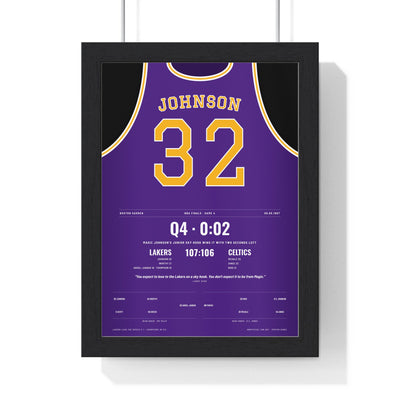 Magic Johnson 1987 NBA Finals Game 4 Poster - Los Angeles Lakers 32 Junior Sky Hook Jersey Print framed in a black frame, ready to hang
