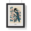 Magpie Print framed in a black frame, ready to hang