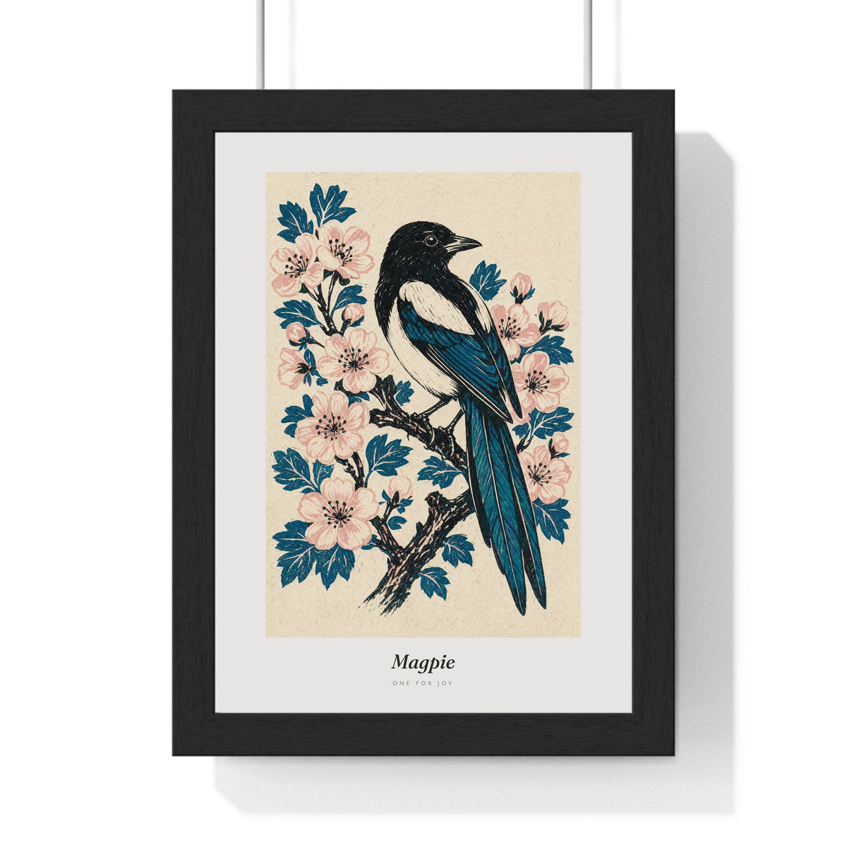 Magpie Print framed in a black frame, ready to hang