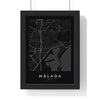 Málaga street map poster in black, minimal city map print framed in a black frame