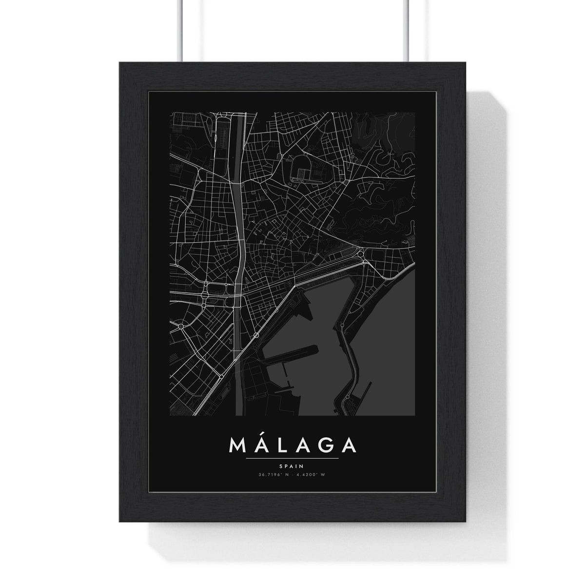 Málaga street map poster in black, minimal city map print framed in a black frame