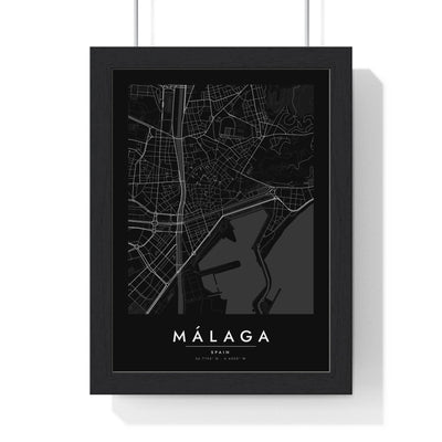 Málaga street map poster in black, minimal city map print framed in a black frame