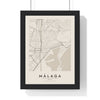 Málaga street map poster in cream, minimal city map print framed in a black frame