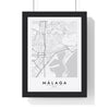 Málaga street map poster in white, minimal city map print framed in a black frame