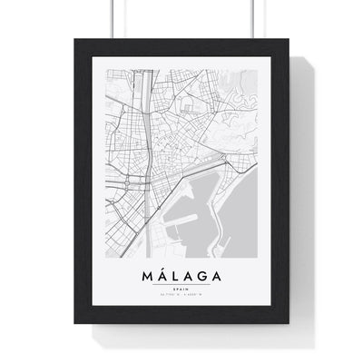 Málaga street map poster in white, minimal city map print framed in a black frame