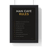 Man Cave Rules Print framed in a black frame, ready to hang