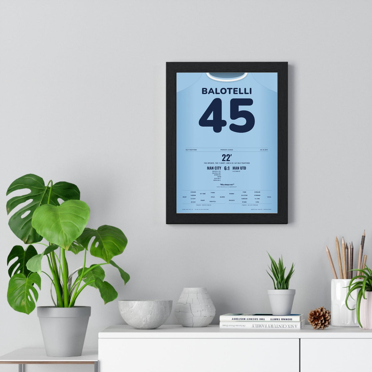Man City 6-1 Man Utd 2011 Poster - Mario Balotelli 45 Why Always Me Shirt Print framed on a living room wall
