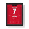Man Utd Cantona Chip 1996 Poster - Eric Cantona 7 v Sunderland Old Trafford Shirt Print framed in a black frame, ready to hang