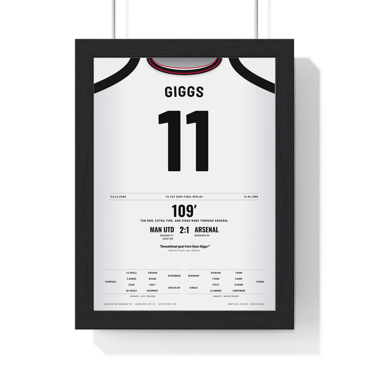 Man Utd FA Cup Semi-Final 1999 Poster - Ryan Giggs 11 Wonder Goal Villa Park Shirt Print framed in a black frame, ready to hang