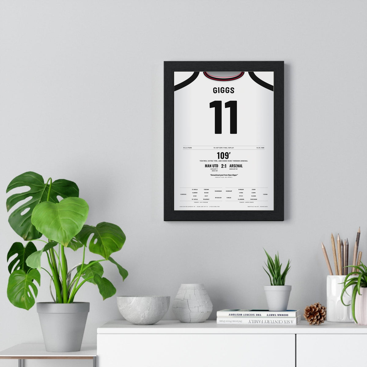 Man Utd FA Cup Semi-Final 1999 Poster - Ryan Giggs 11 Wonder Goal Villa Park Shirt Print framed on a living room wall