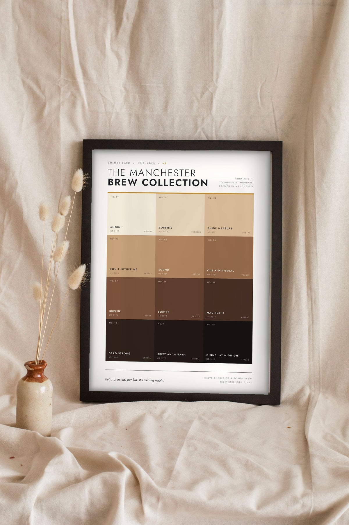 Manchester Brew Colour Chart in a black frame propped up on linen