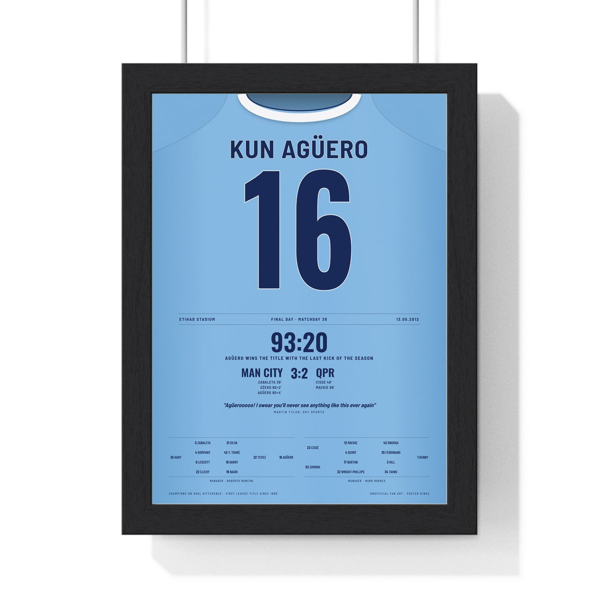 Manchester City Agüero 93:20 Shirt Print framed in a black frame, ready to hang