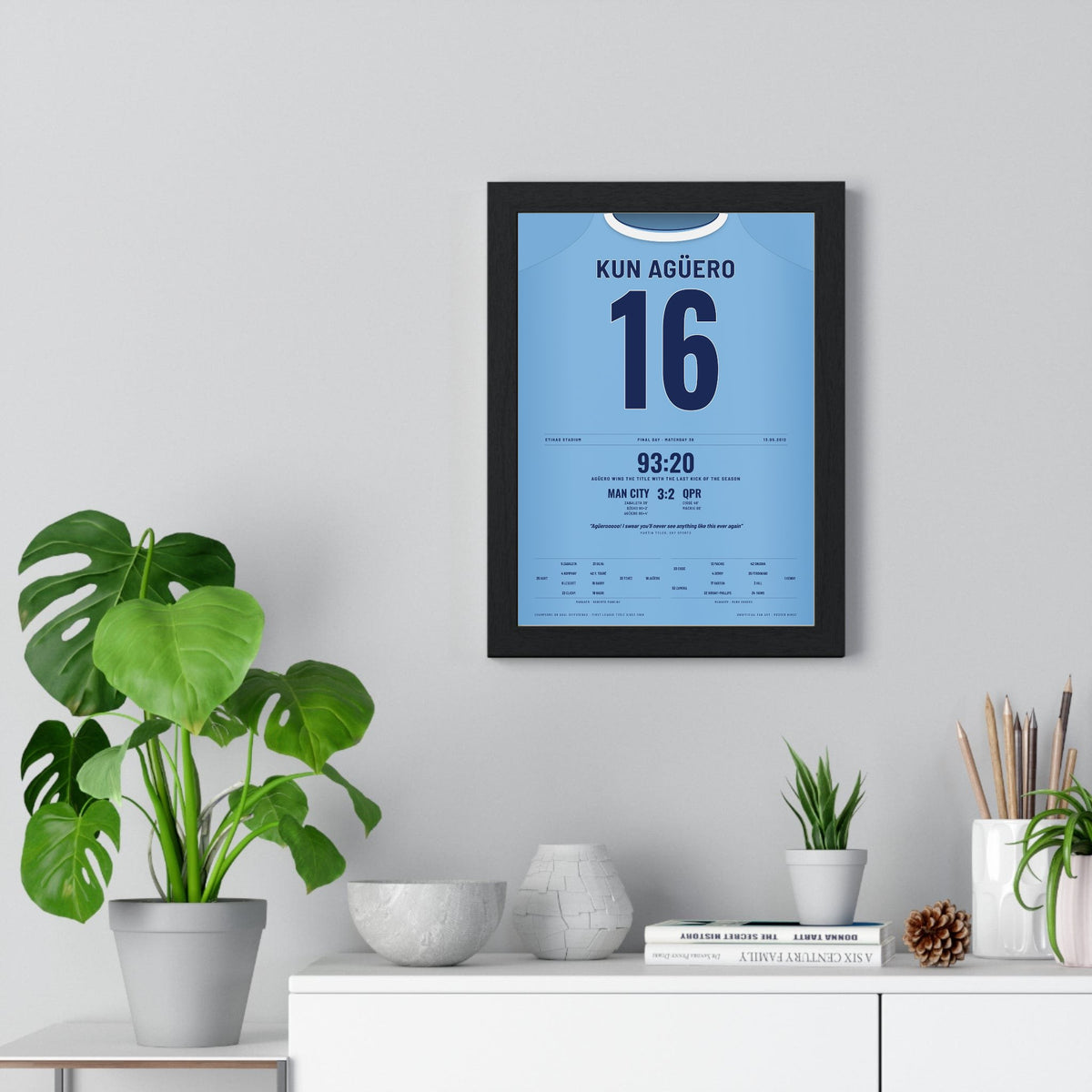 Manchester City Agüero 93:20 Shirt Print framed on a living room wall