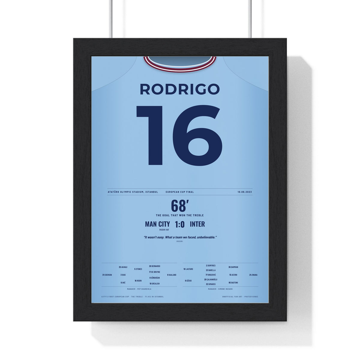 Manchester City Champions League Final 2023 Istanbul Poster - Rodri 16 Treble framed in a black frame, ready to hang