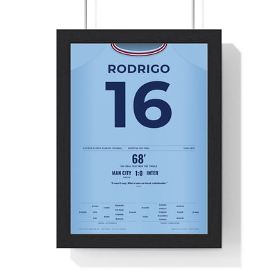 Manchester City Champions League Final 2023 Istanbul Poster - Rodri 16 Treble framed in a black frame, ready to hang