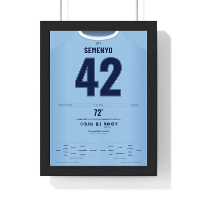 Man City FA Cup Final 2026 Poster - Antoine Semenyo 42 Manchester City Shirt Print framed in a black frame, ready to hang