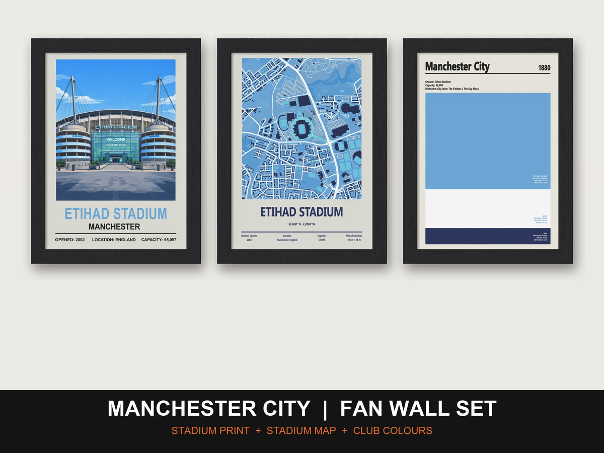 Manchester City Fan Wall Set | Etihad Stadium Print, Stadium Map & Club Colours