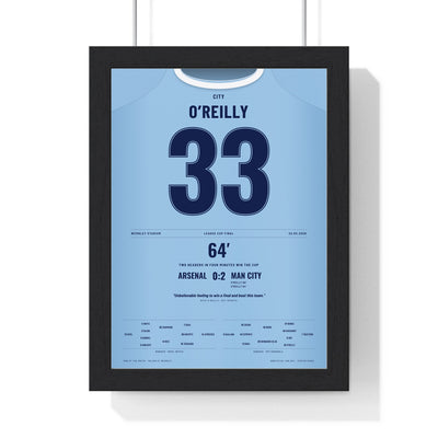 Man City League Cup Final 2026 Poster - Nico O'Reilly 33 Manchester City Shirt Print framed in a black frame, ready to hang