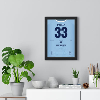 Man City League Cup Final 2026 Poster - Nico O'Reilly 33 Manchester City Shirt Print framed on a living room wall