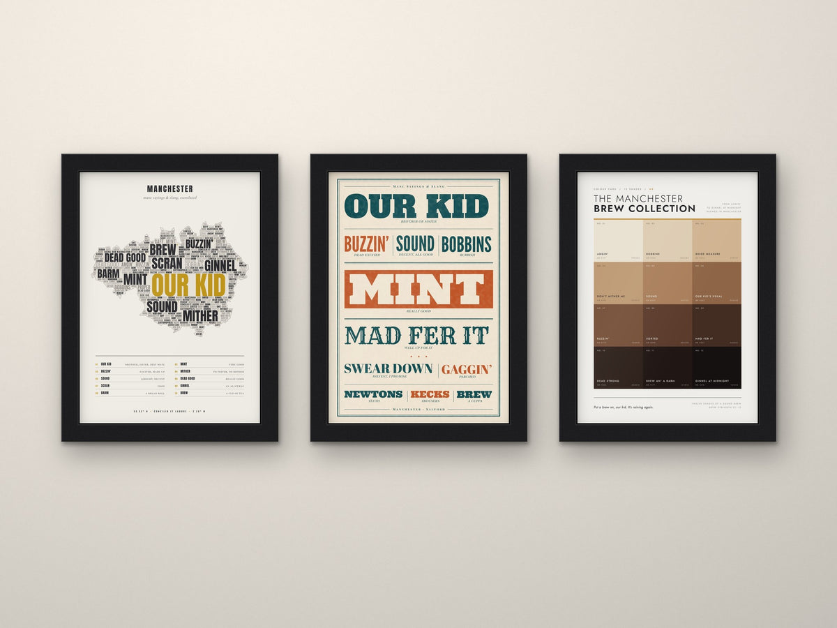 Manchester Sayings Set of 3 Prints framed side by side on a wall