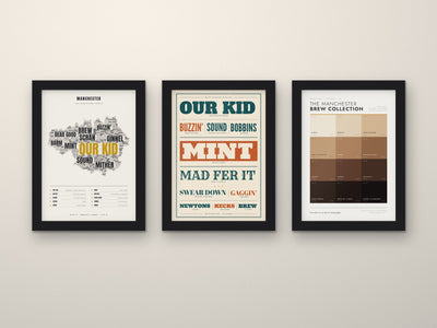 Manchester Sayings Set of 3 Prints framed side by side on a wall