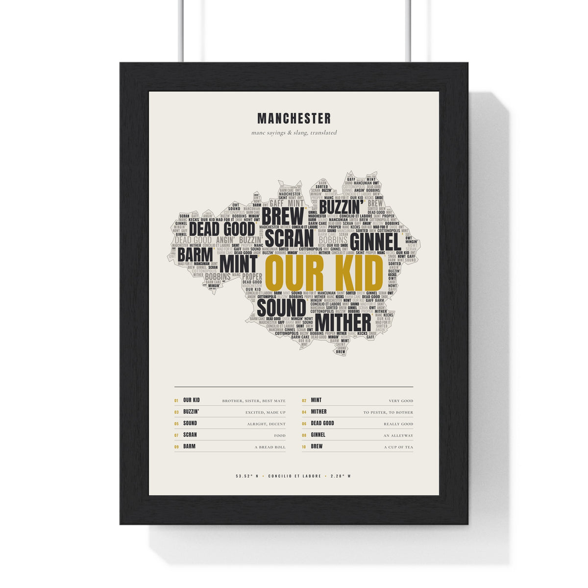 Manchester Sayings Print in a black frame