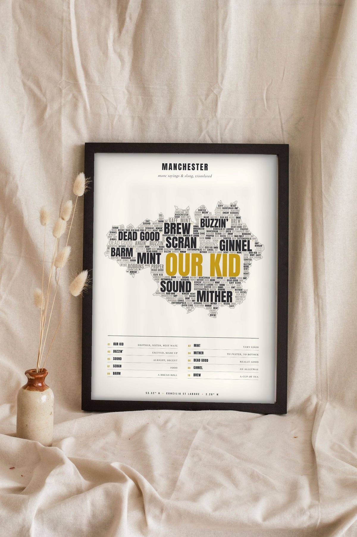 Manchester Sayings Print in a black frame propped up on linen