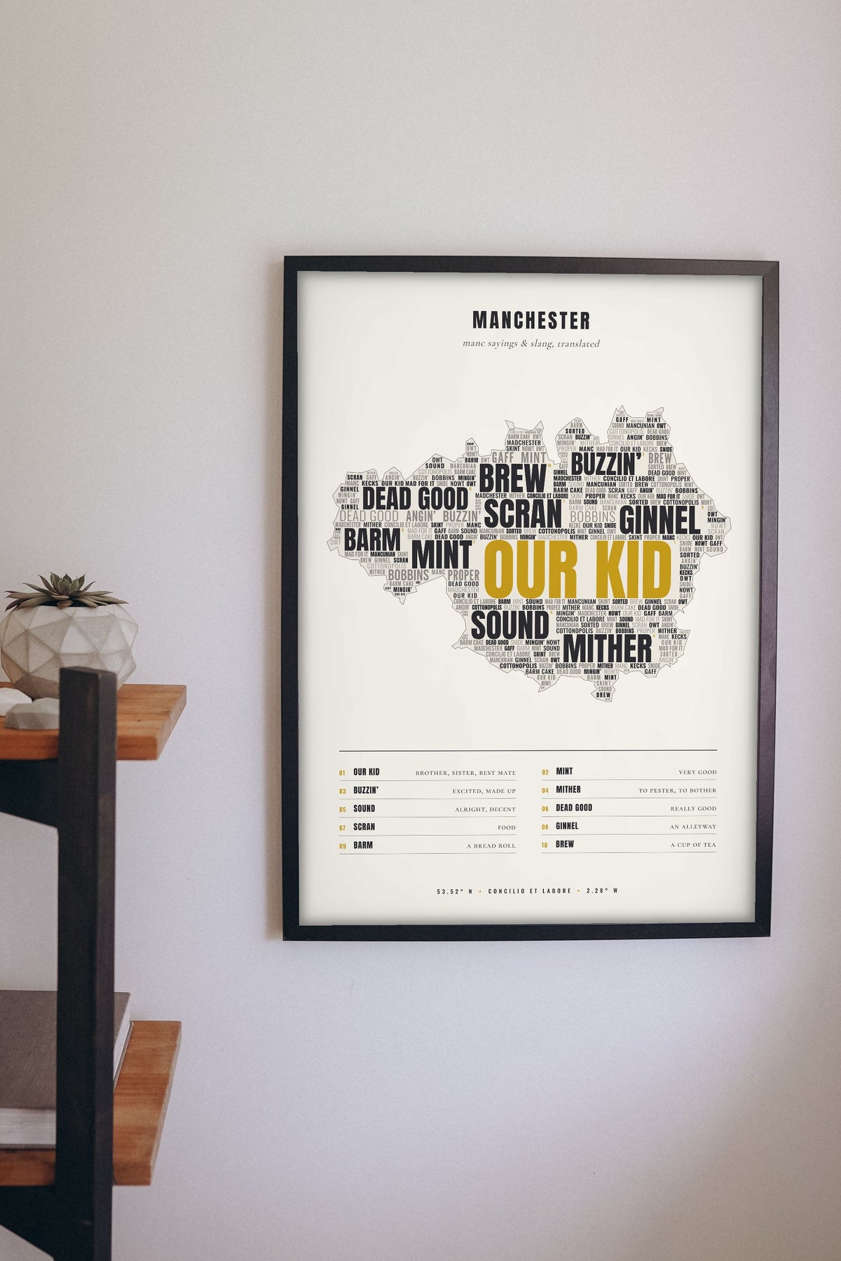 Manchester Sayings Print framed on a wall