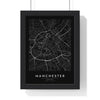 Manchester street map poster in black, minimal city map print framed in a black frame