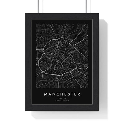 Manchester street map poster in black, minimal city map print framed in a black frame