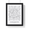 Manchester street map poster in white, minimal city map print framed in a black frame