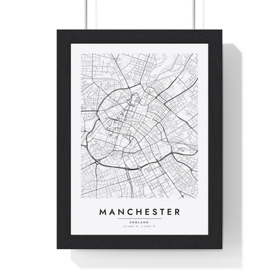 Manchester street map poster in white, minimal city map print framed in a black frame