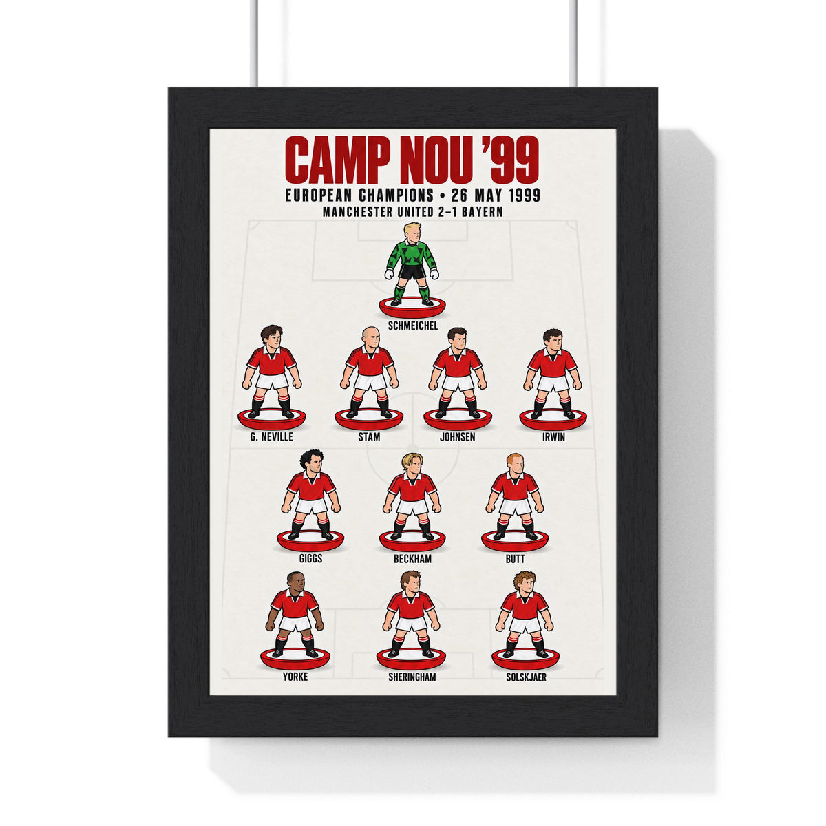Manchester United Camp Nou 1999 XI print in a black frame