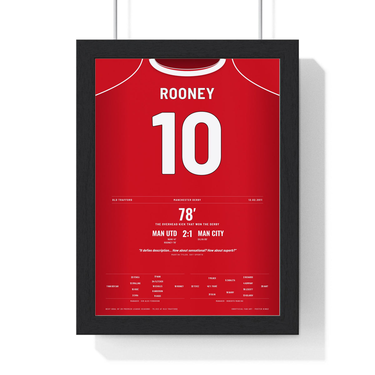 Manchester United Overhead Kick 2011 Poster - Rooney 10 Manchester Derby framed in a black frame, ready to hang