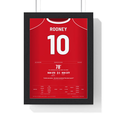 Manchester United Overhead Kick 2011 Poster - Rooney 10 Manchester Derby framed in a black frame, ready to hang