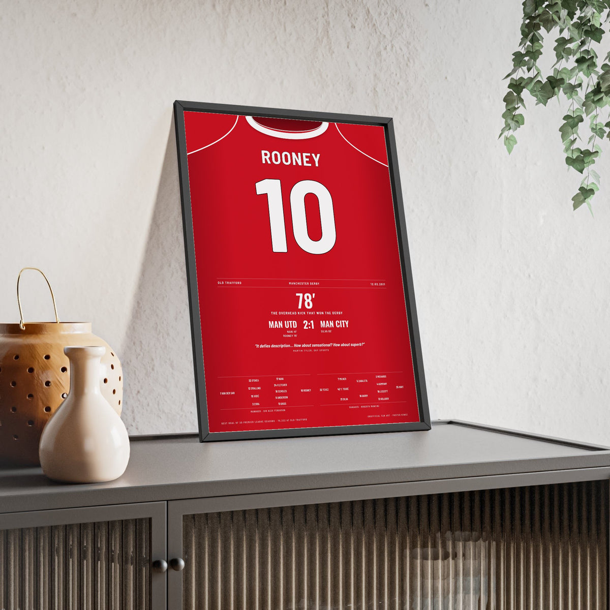 Manchester United Overhead Kick 2011 Poster - Rooney 10 Manchester Derby framed and leaning on a sideboard