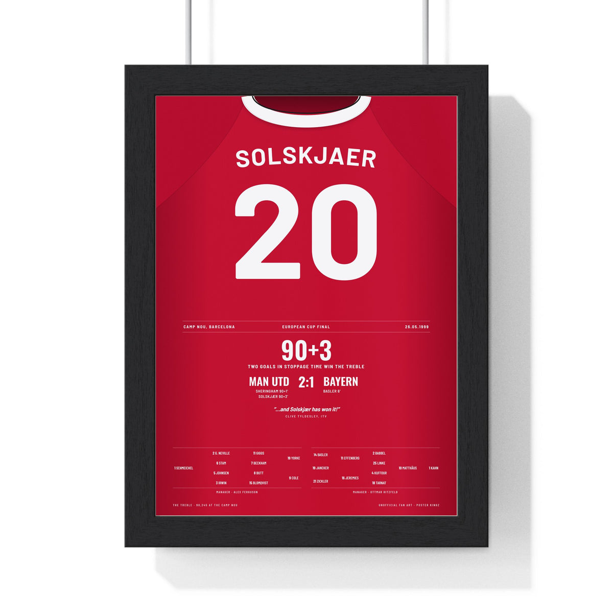 Manchester United Solskjær 1999 Shirt Print framed in a black frame, ready to hang